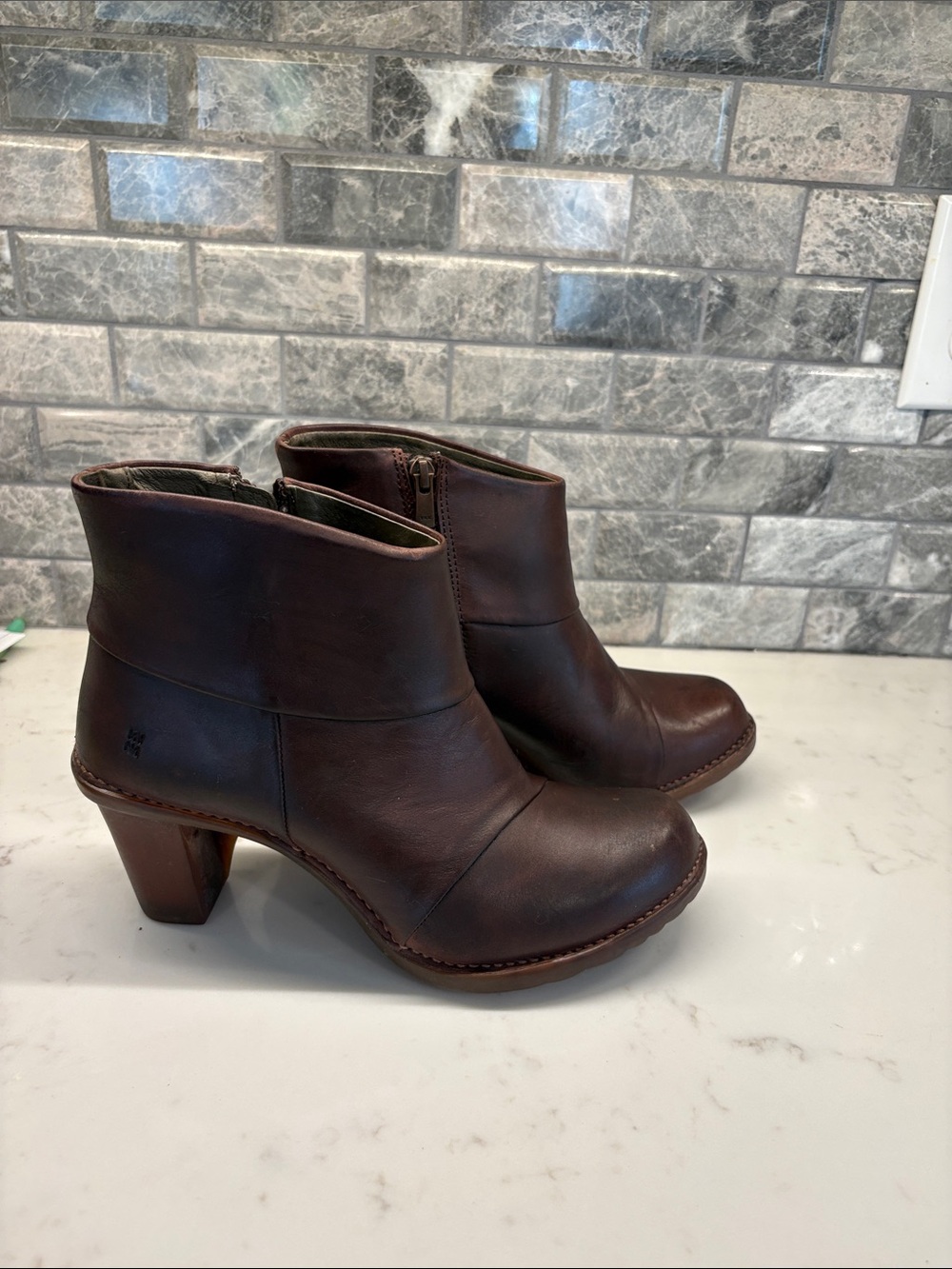 El Naturalista Dark Brown Leather Heeled Ankle Booties
